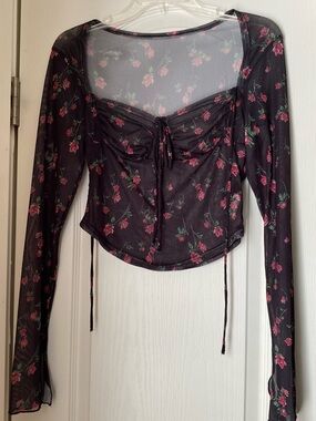 Sheer Floral Tie-Front Long-Sleeve Top - Black with Pink Roses